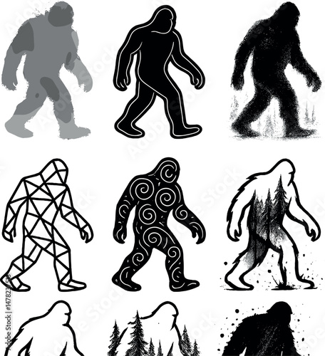 Bigfoot silhouette icons set – mysterious creature and cryptid symbol designs