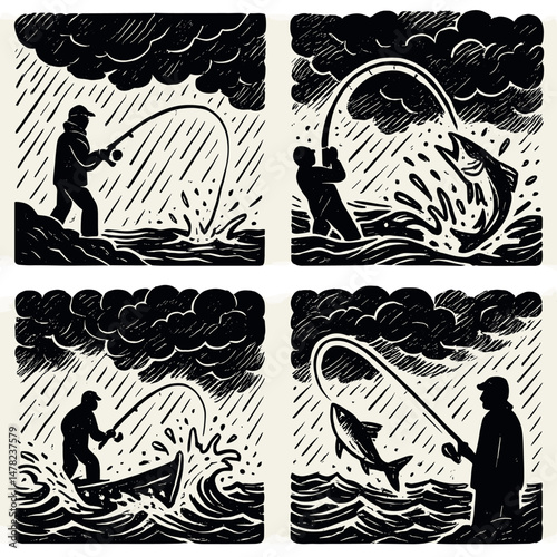 Stormy fishing silhouettes icons set – silhouette, angling and sea adventure graphics