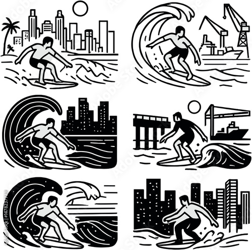 Urban surfing silhouettes icons set – simple, cityscape and wave elements