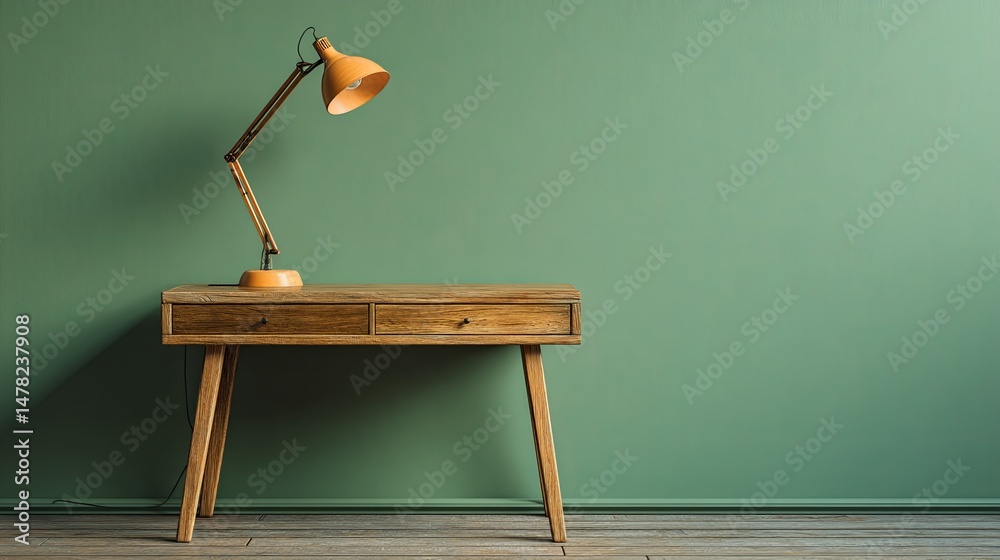 custom made wallpaper toronto digitalMinimalist wooden desk with warm lighting, green wall background, and organized workspace with modern stationery, laptop, and decorative plants for a cozy, stylish office atmosphere.