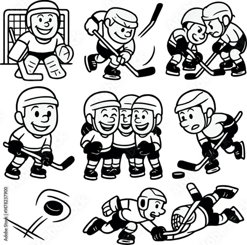 Cartoon hockey icons set – silhouette, simple sports and game collection symbols