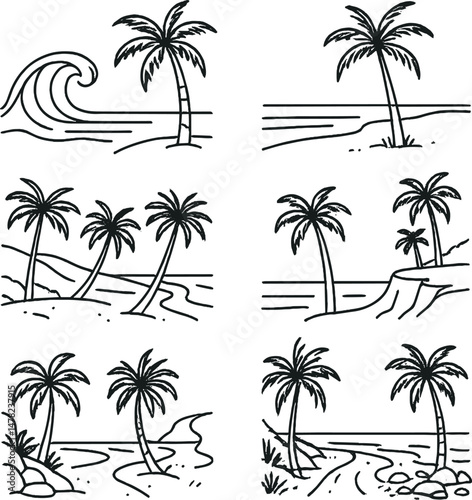 Beach and palm silhouettes icons set – simple, tropical and coastal designs