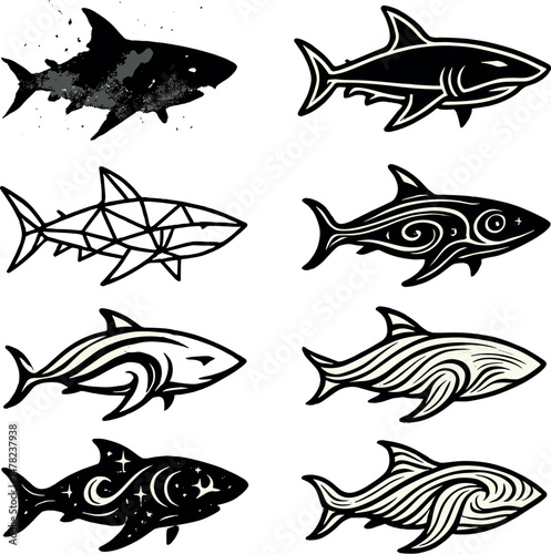 Abstract shark icons set - silhouette, marine and ocean creature designs