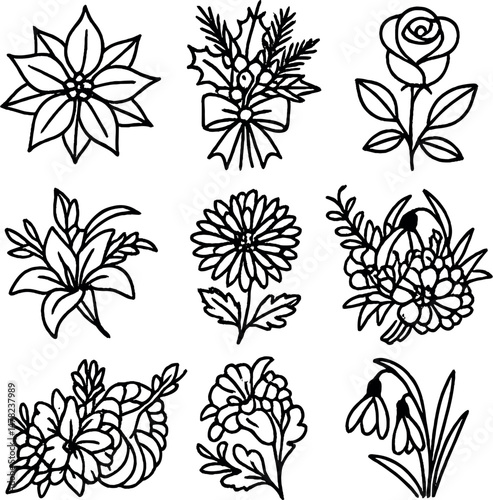 Festive floral icons set – silhouette, botanical and nature-themed design elements