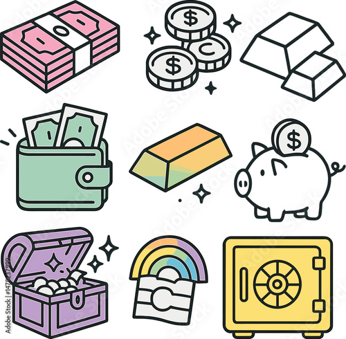 Money and finance icons set – colorful, outline, currency and budget symbols