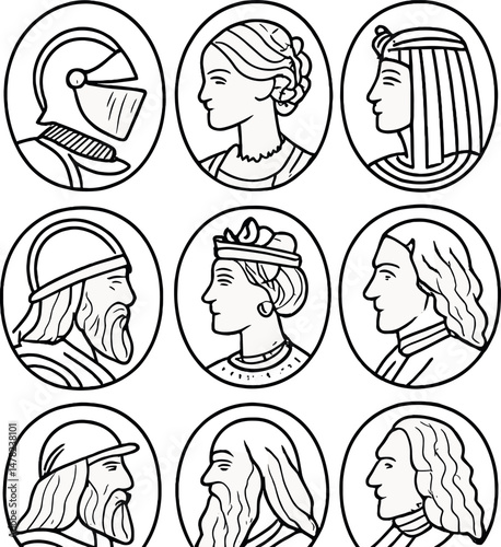 Historical cameo profiles icons set – silhouette, vintage and classic designs