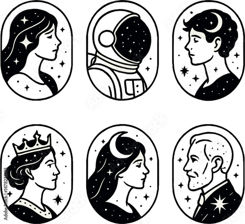 Cosmic cameo silhouettes icons set – silhouette, celestial and vintage designs