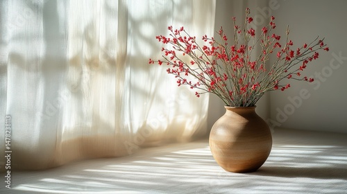Elegant vase with red floral arrangement bathed in soft natural light