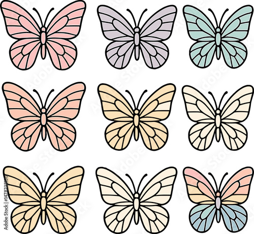 Butterfly icons set – outline, pastel, delicate and whimsical design collection