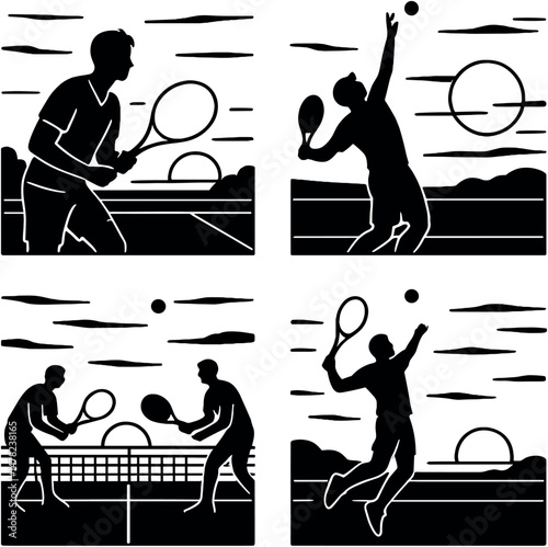Tennis silhouette icons set – sunset, simple and sports design symbols