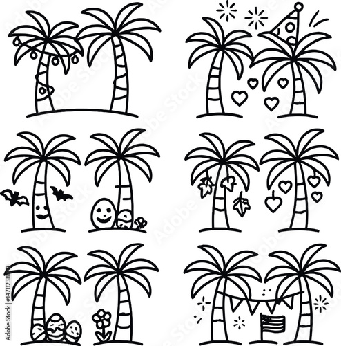 Seasonal celebration palms icons set – outline, festive and holiday symbols