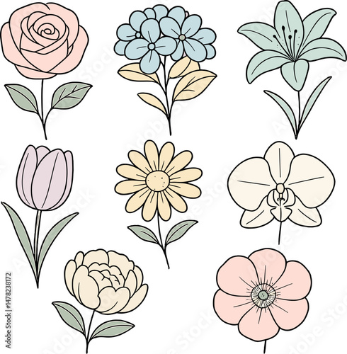 Pastel flower icons set – outline, floral, and botanical design elements