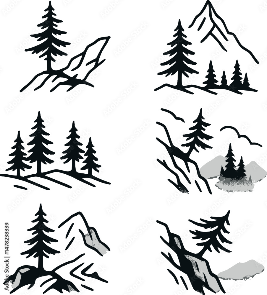 Fototapeta premium Mountain fir silhouettes icons set – simple and nature-inspired tree symbols