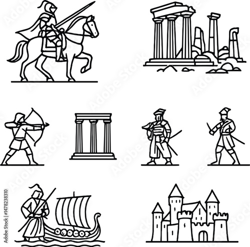 Historical silhouette icons set – simple historical, ancient and classic symbol collection