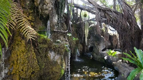 Mossy rocks with small waterfalls and roots near Karen tribe village in Chiang Mai, Thailand.

