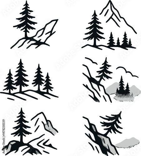 Mountain fir silhouettes icons set – simple and nature-inspired tree symbols