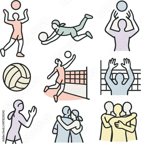 Volleyball silhouettes icons set – outline, athletic and sporty symbol collection