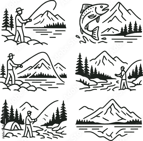 Mountain fishing icons set – silhouette, outdoor recreation and nature symbols