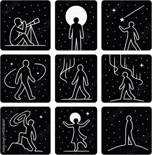Celestial silhouette icons set – simple space and stargazing themed scenes