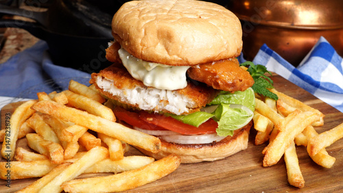 The fried fish sandwich boasts a crispy fillet tucked into a soft bun, layered with fresh tomato, crisp lettuce, and creamy tartar sauce for a delightful balance of textures and tangy flavors.