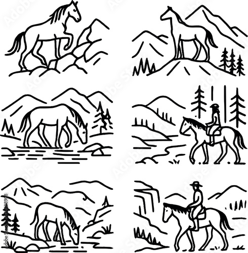Mountain horse adventure icons set – line, nature and equestrian journey symbols