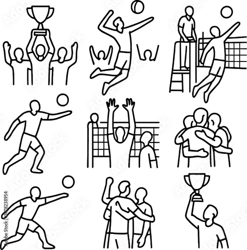 Volleyball icons set – silhouette, sports and championship graphic symbols