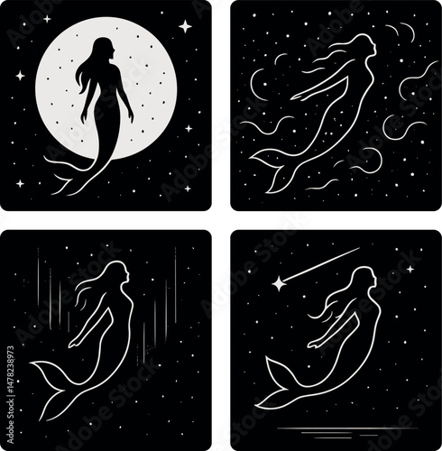 Mermaid silhouettes icons set – silhouette, oceanic and mythical sea creature designs