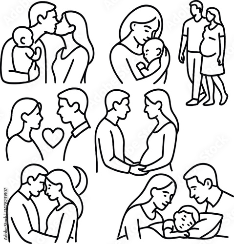 Family bonding silhouettes icons set – simple, linear and togetherness designs