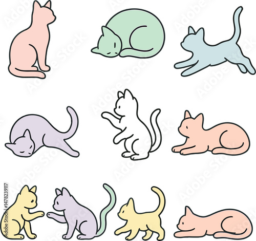 Pastel cat silhouettes icons set – silhouette, feline and pet graphics collection