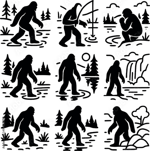 Cryptid and nature exploration icons set – silhouette, mysterious bigfoot symbols
