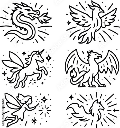 Fantasy mythical creature icons set – outline, magical and mystic symbols