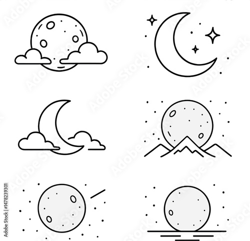 Moon phases icons set - outline, celestial and lunar cycle symbols for design