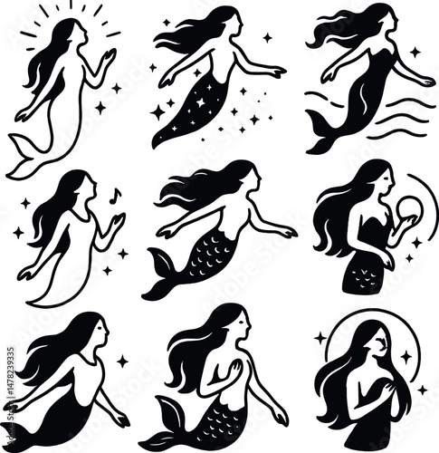 Magical mermaid icons set – silhouette, mystical and fantasy sea creature symbols