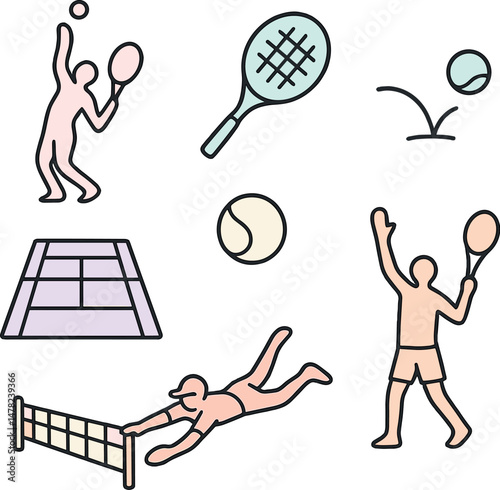Tennis silhouettes icons set – pastel, simple sports and racket game symbols