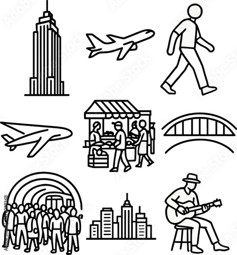 Urban scene icons set – silhouette style, cityscape and architectural symbols