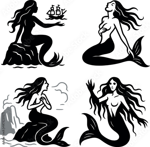 Mythical sirens icons set – silhouette, mermaid and folklore symbol designs