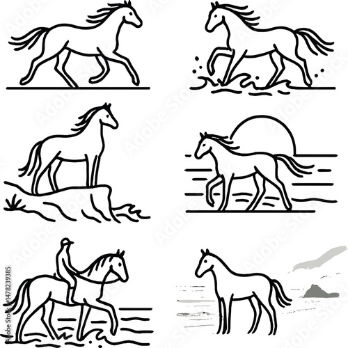 Horse icons set – outline, equine and mare silhouette symbols for design