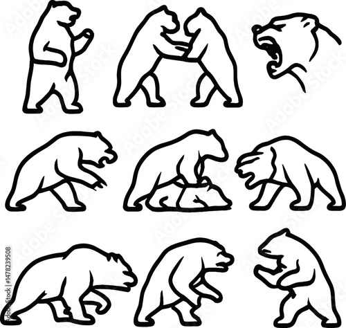 Battle bear icons set – silhouette, animal combat and wildlife symbols for design