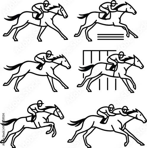 Racehorse silhouette icons set – simple, equestrian racing and jockey symbols