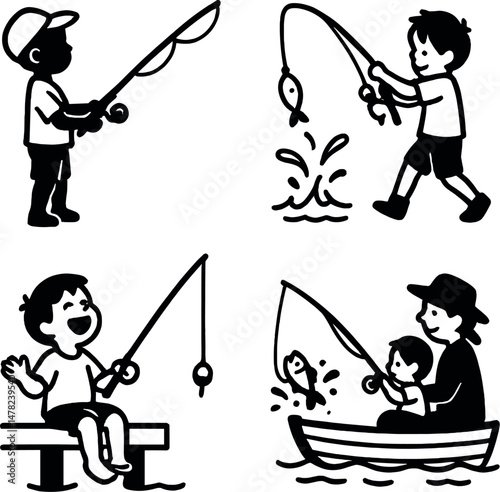 Kids fishing silhouettes icons set – simple, child angling and outdoor activity symbols