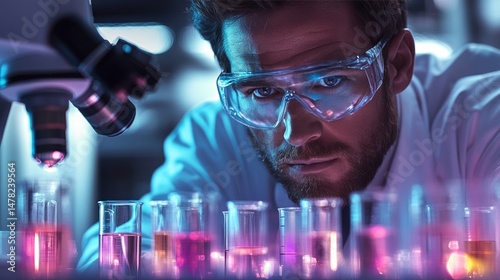 Focused scientist examining colorful solutions in laboratory