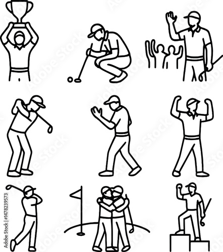 Golf victory icons set – silhouette, champions and winning moments graphics