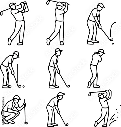 Golf silhouette icons set – simple, golfer and swing symbol collection