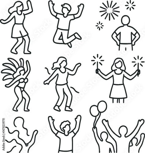 Festival celebration icons set - silhouette, party and joyful event symbols