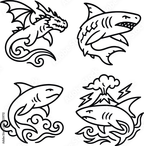 Mythical shark silhouettes icons set – silhouette, fantasy and sea creature symbols