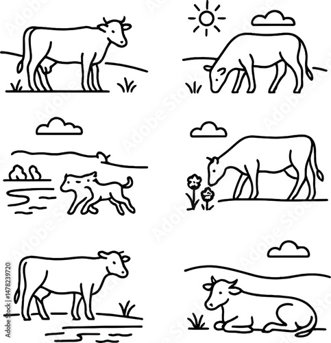 Cow silhouettes icons set – outline, farm animal and pasture design elements