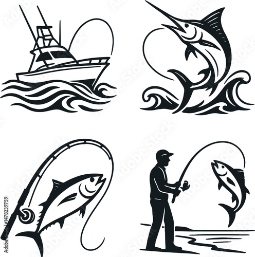 Sea fishing icons set – silhouette, ocean angling and marine life symbols