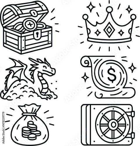 Fantasy treasure icons set – outline style, includes mythical, legendary, and magical symbols