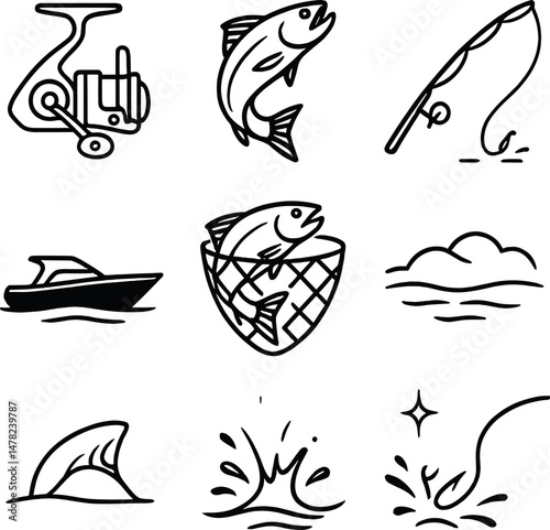 Elegant fishing icons set – silhouette, angling symbols for marine, sport enthusiasts