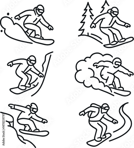 Backcountry snowboarding icons set – silhouette, simple and adventurous graphic elements